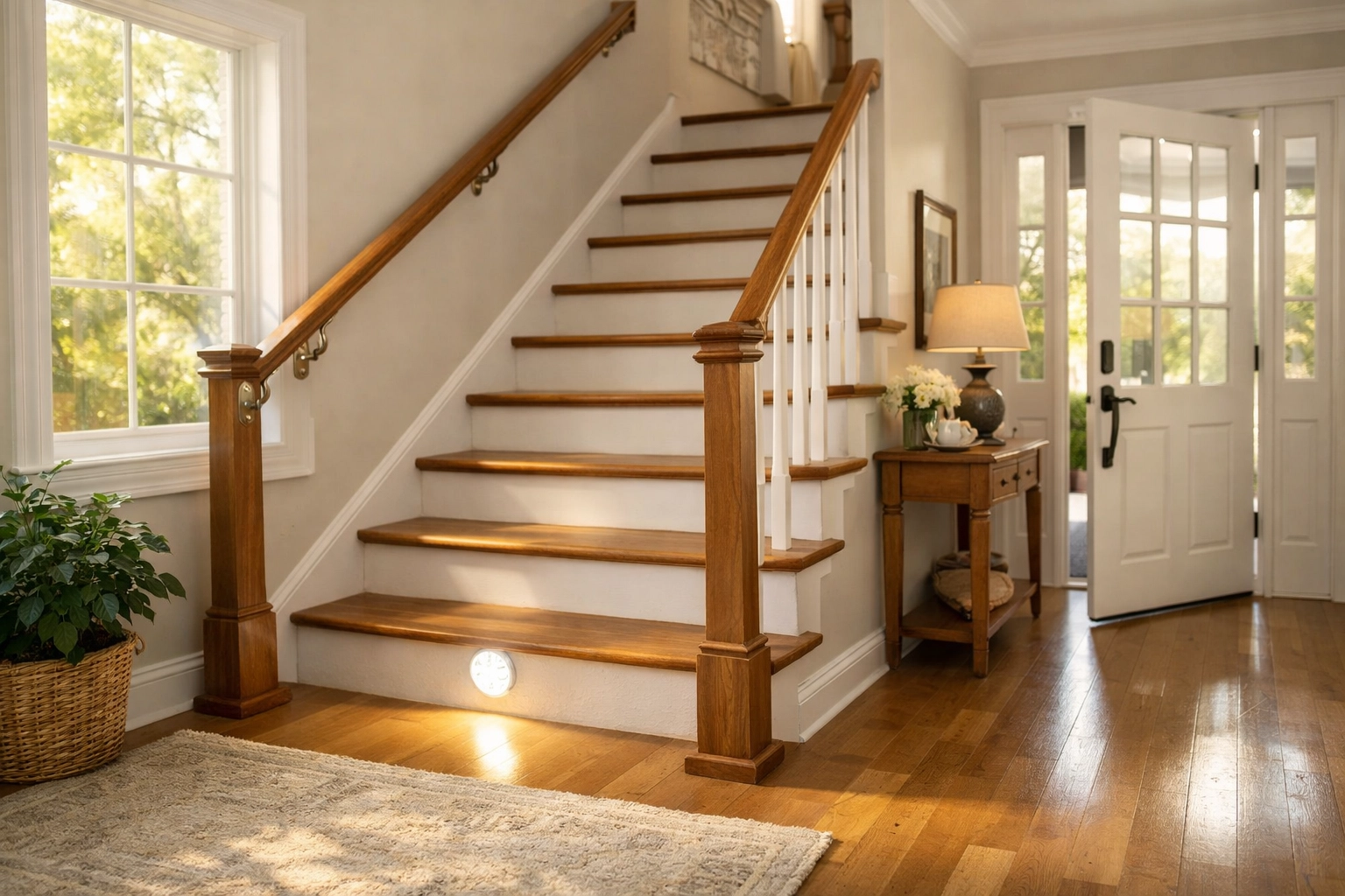 Safe home staircase featuring dual handrails and motion-sensor lighting in a bright entryway.