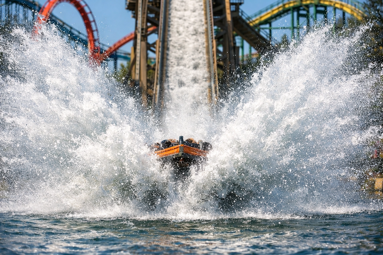 Action shot of a water ride splash at Nagashima Spa Land, one of the best photography locations for high-speed shots.