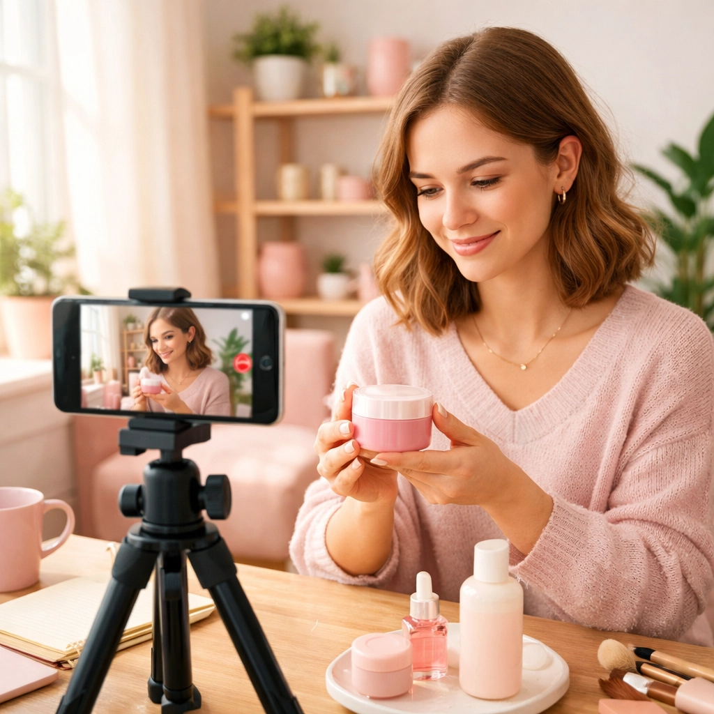 Small business owner filming YouTube video with smartphone on tripod using natural light