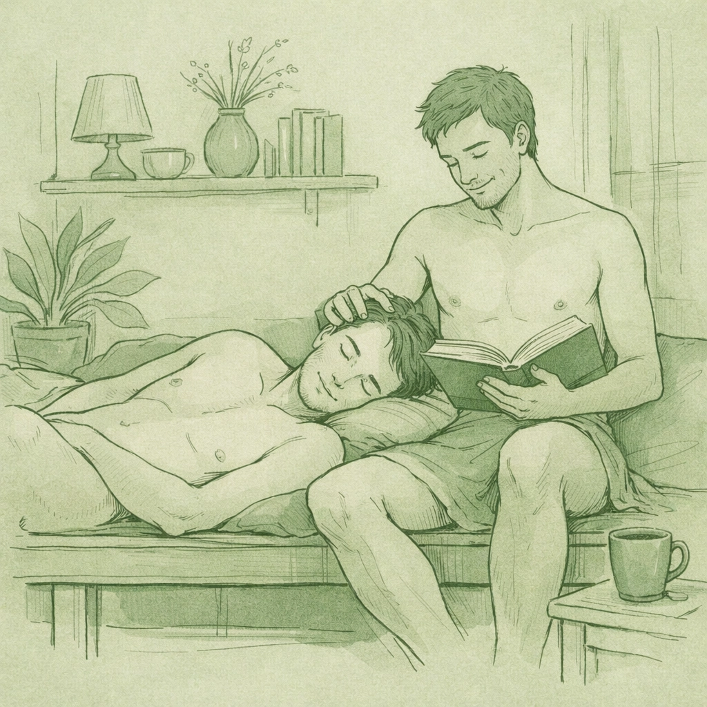 A minimalist scene of a gay couple in a safe naturist setting, emphasizing psychological comfort in MM fiction.