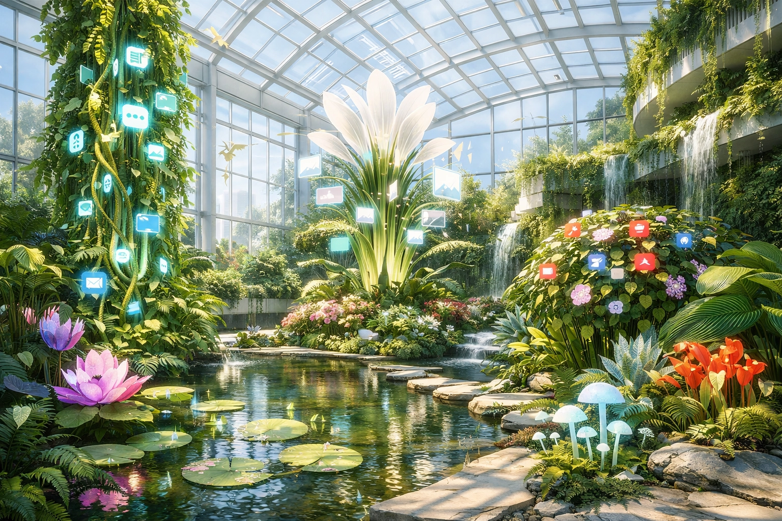 A lush digital ecosystem of plants symbolizing a diversified multi-channel PPC strategy for 2026.