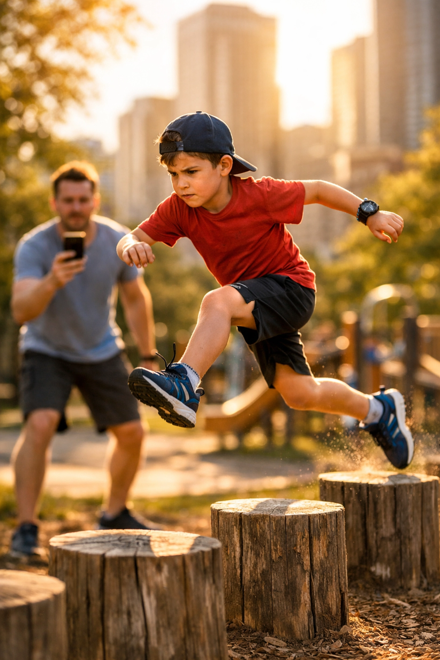 A boy leaping on balance stumps in a park, one of the best photography locations for active families.