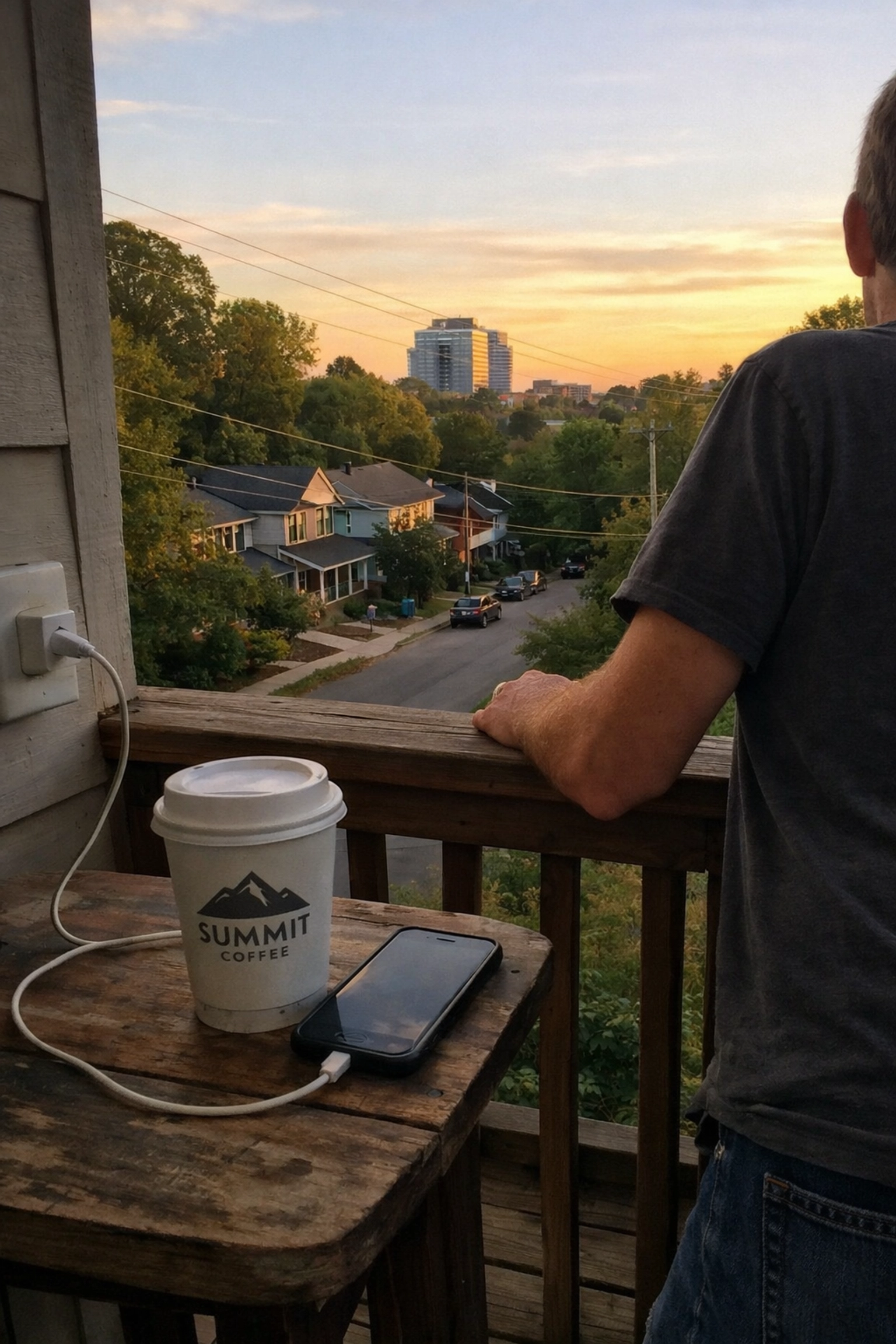 Luxury apartment alternative in the Durham I-85 corridor featuring a neighborhood view from a professional's balcony.