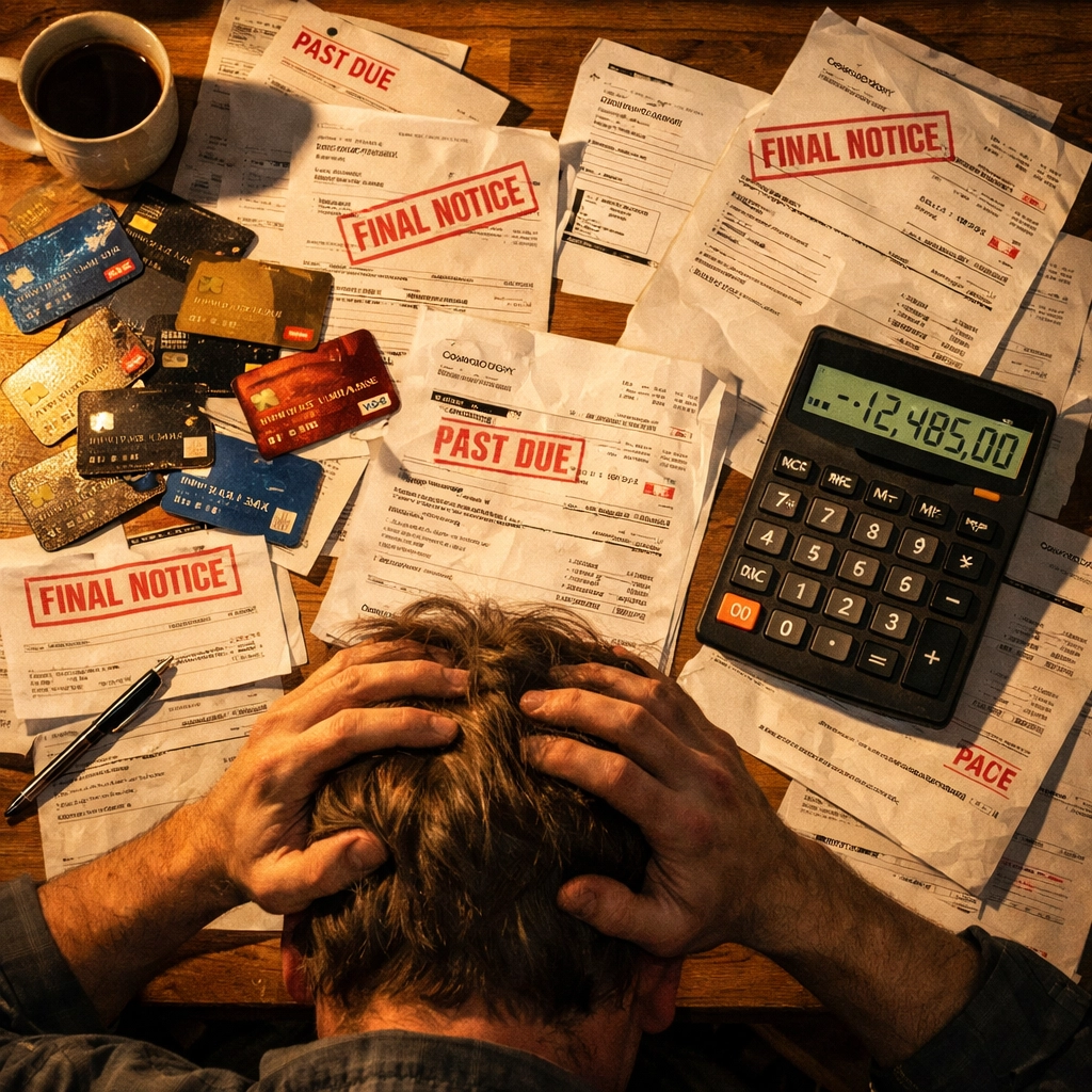 Credit card bills and debt on table showing financial stress and rising defaults