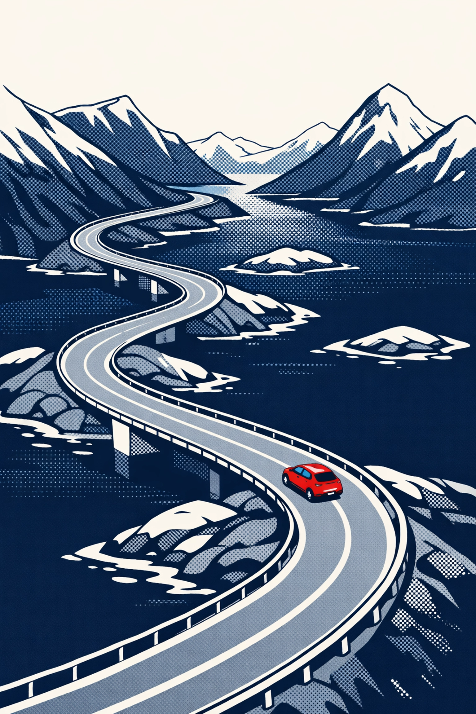 Electric vehicle traveling on winding coastal road through Norwegian fjord landscape