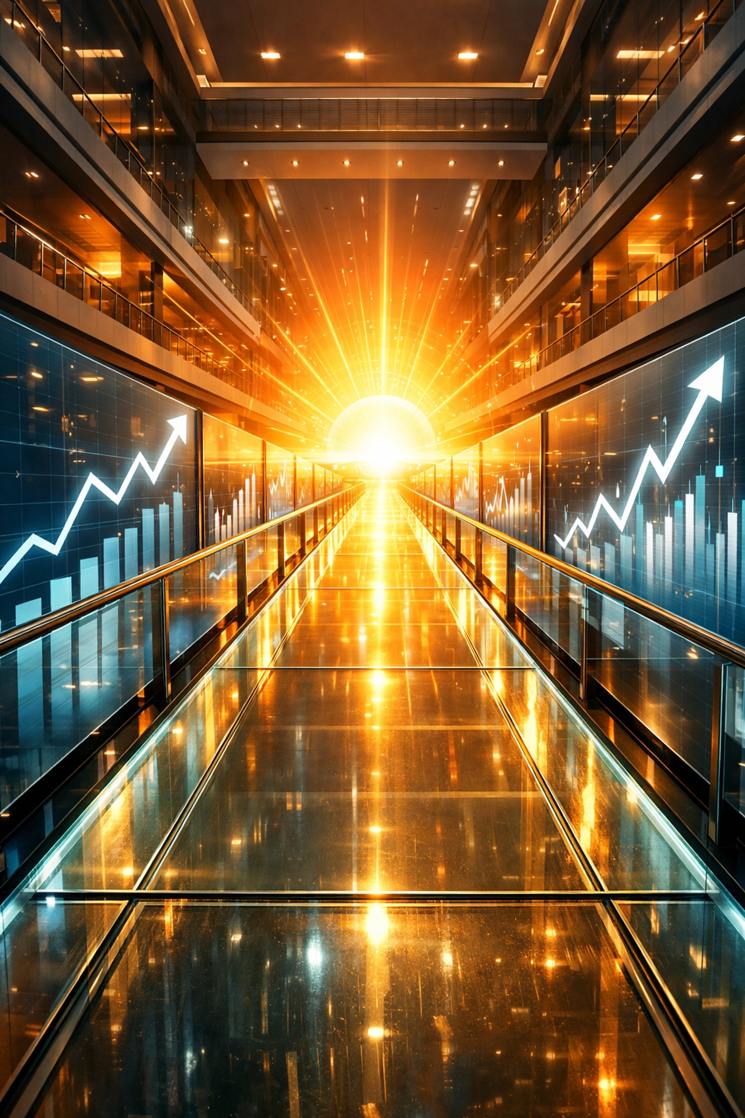 A glowing digital pathway toward success featuring upward-trending business growth charts and AI marketing data.