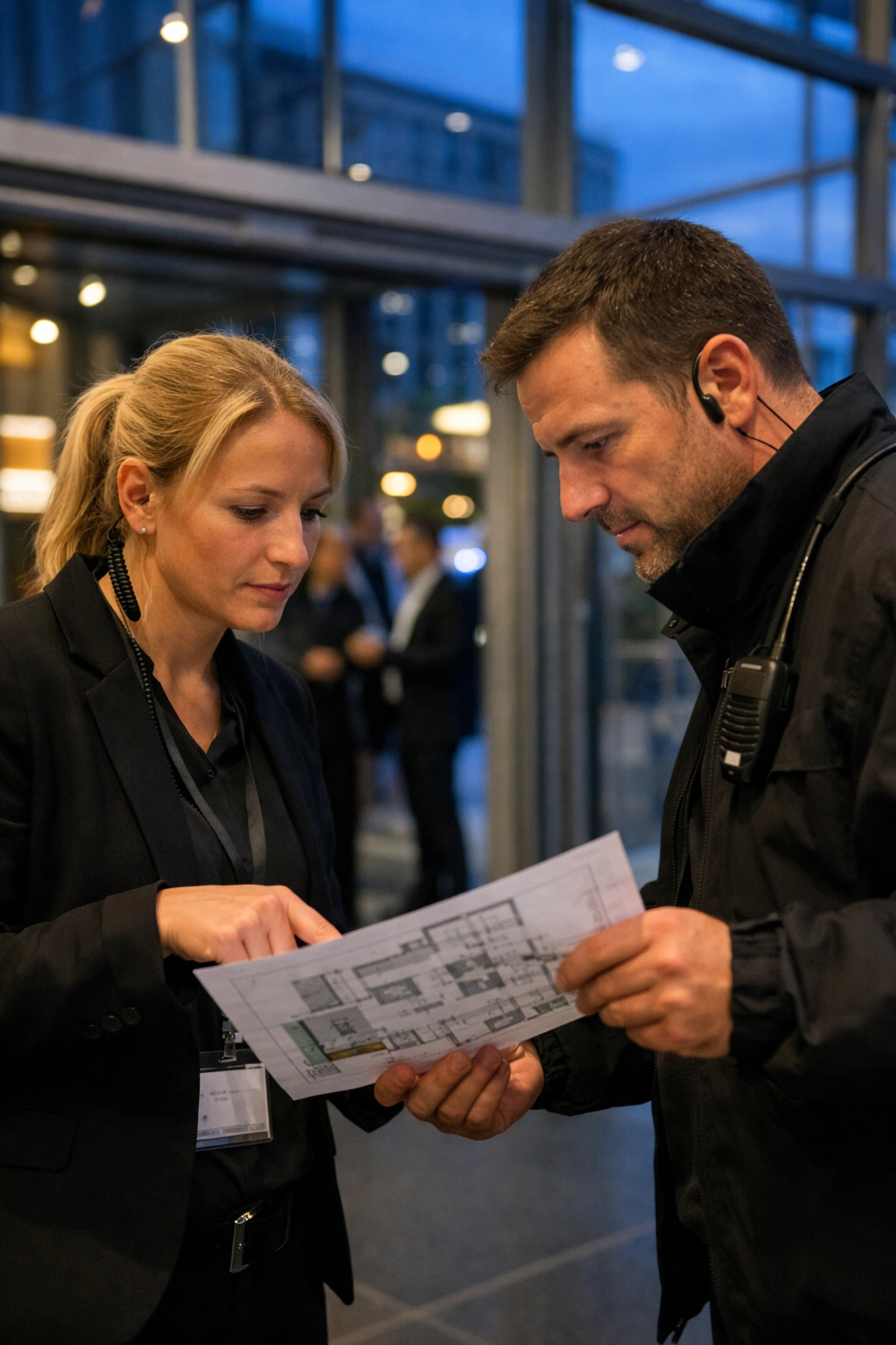 Einsatzleiter der Event Security Österreich planen den Schutz für ein modernes Corporate Event am Eingangsbereich.