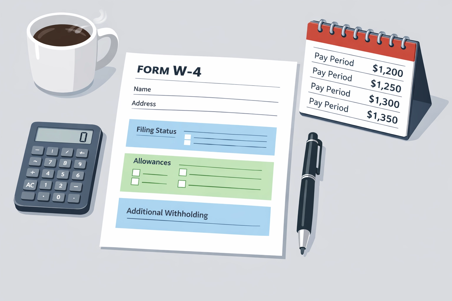 W-4 form with calculator and calendar showing tax withholding adjustments and paycheck increases