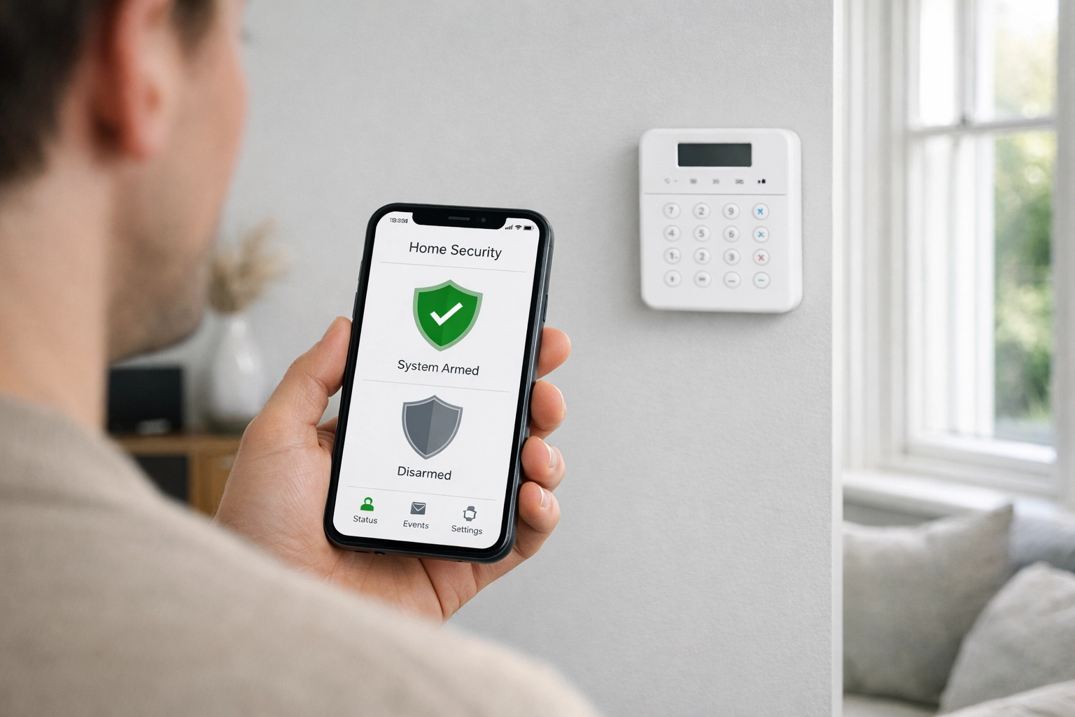 Homeowner using a smartphone app to control a smart wireless alarm system in a modern UK home.