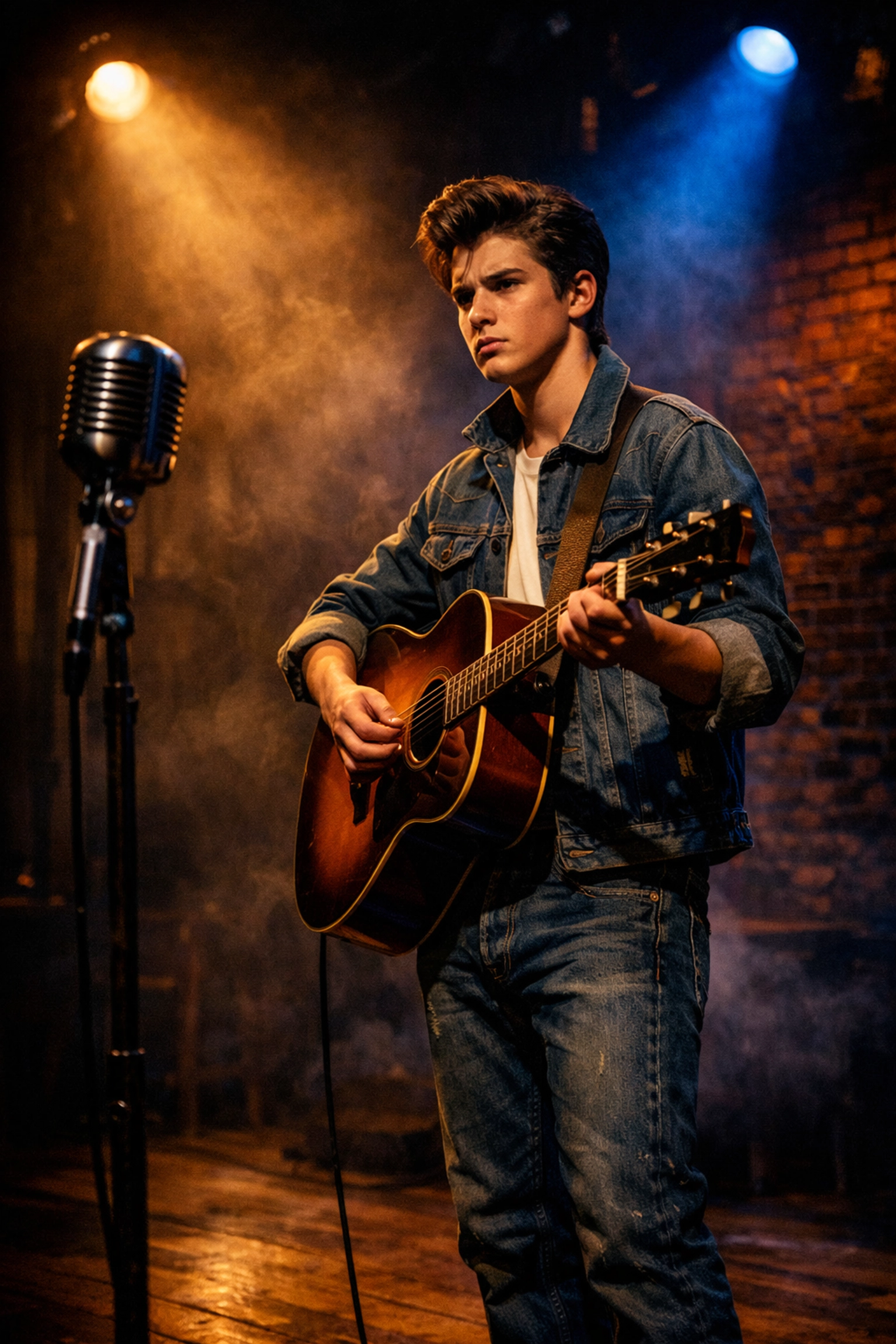 Teen performer singing folk-rock musical theatre with acoustic guitar on stage Teen performer singing folk-rock musical theatre with acoustic guitar on stage