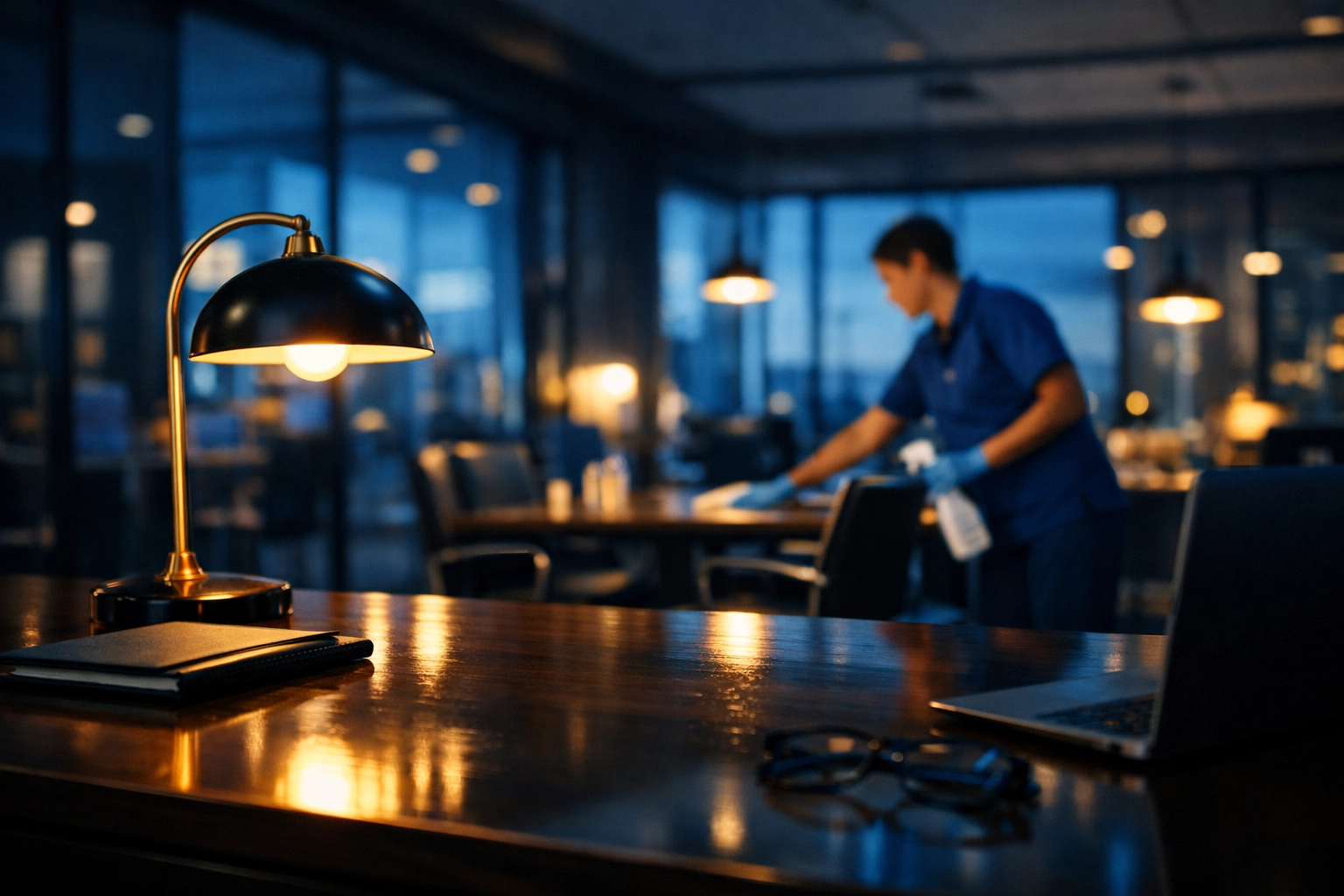 Professional janitorial services cleaning a modern Maynard office at night for a fresh start.