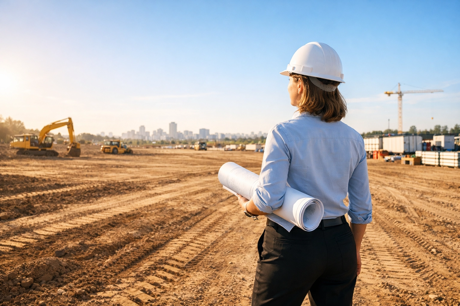 Professional developer at a commercial construction site holding plans, representing secure real estate development.
