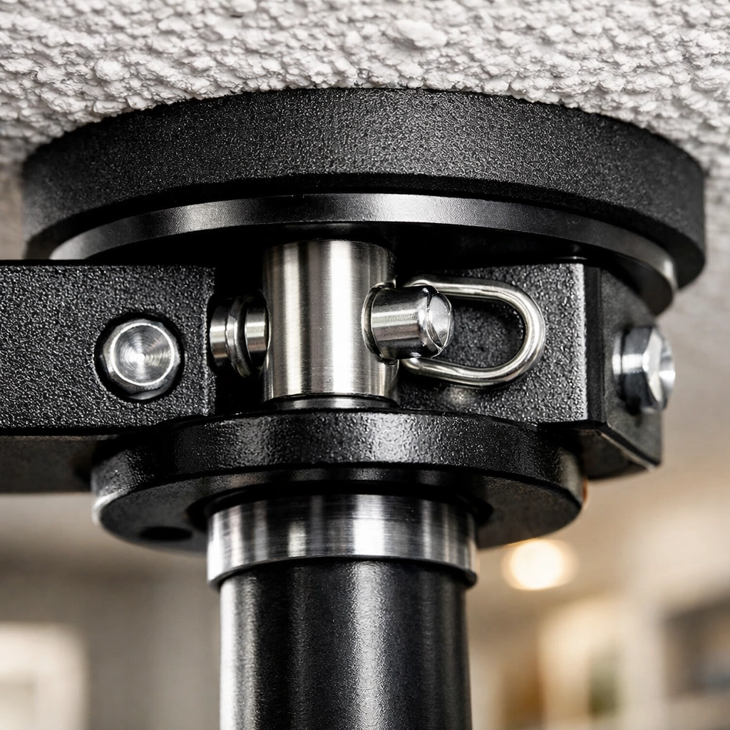 Close-up of the non-marring ceiling compression plate on a no wall damage workout system.