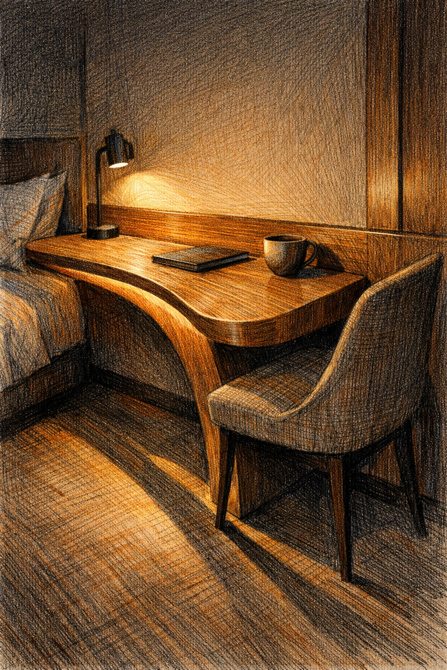 Boutique hotel interior design with a custom-built curved wooden desk and ambient lighting.