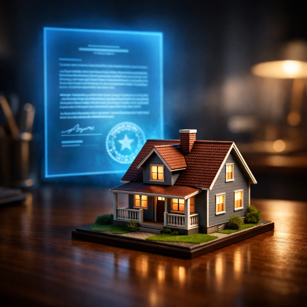 A miniature house with documents representing a deferred second lien for Detroit down payment assistance programs.