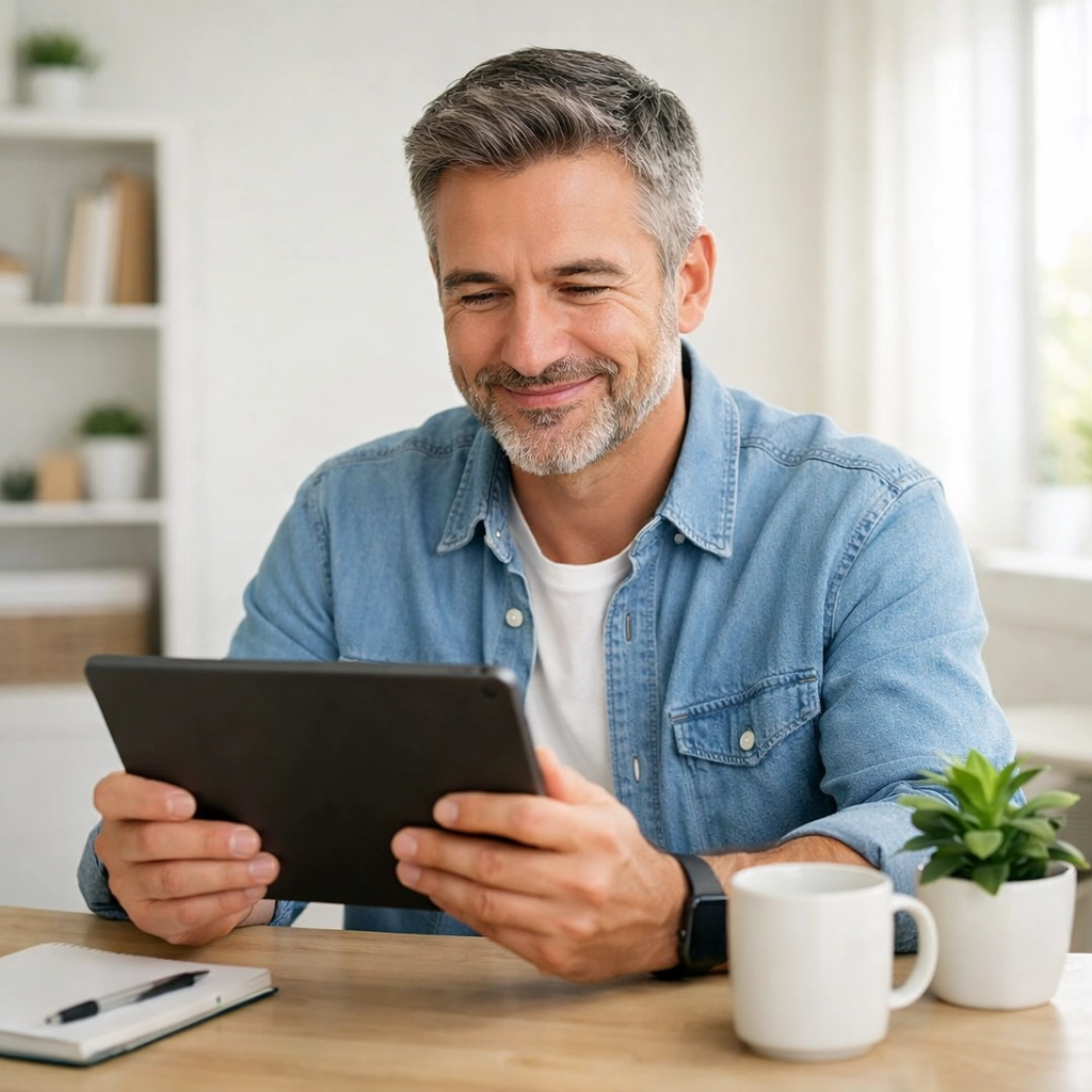 A man using a tablet for an online weight loss consultation with a licensed medical provider.
