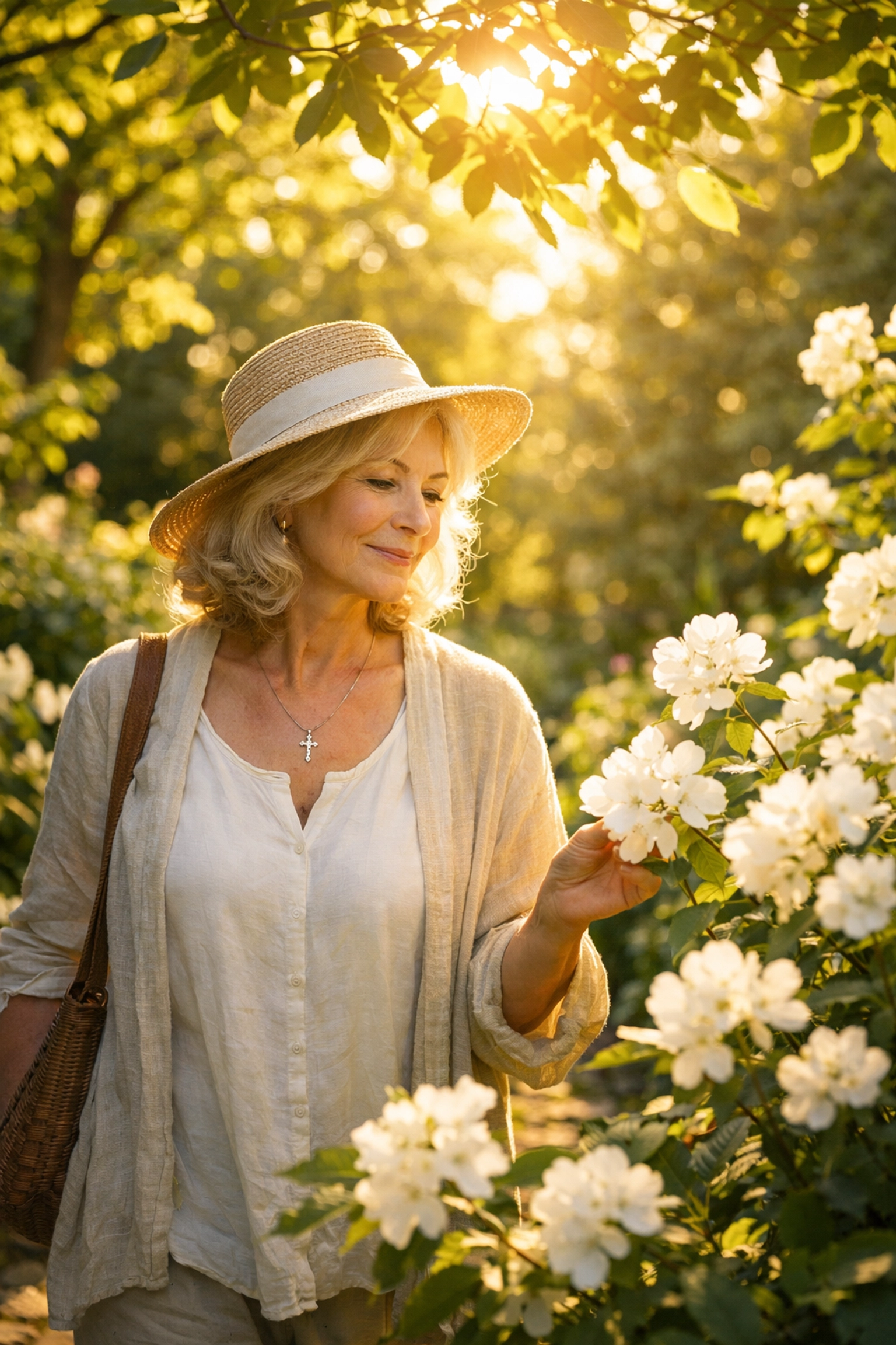 A peaceful woman finding contentment and growing her faith while walking through a bright garden.