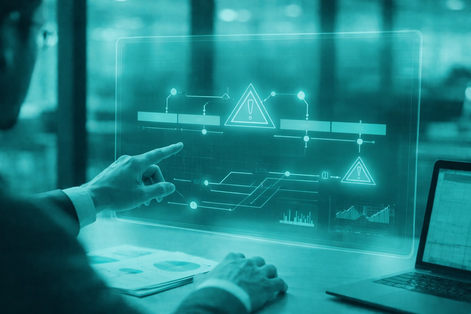 Business analyst reviews a digital risk assessment dashboard, integrating compliance in transformation.