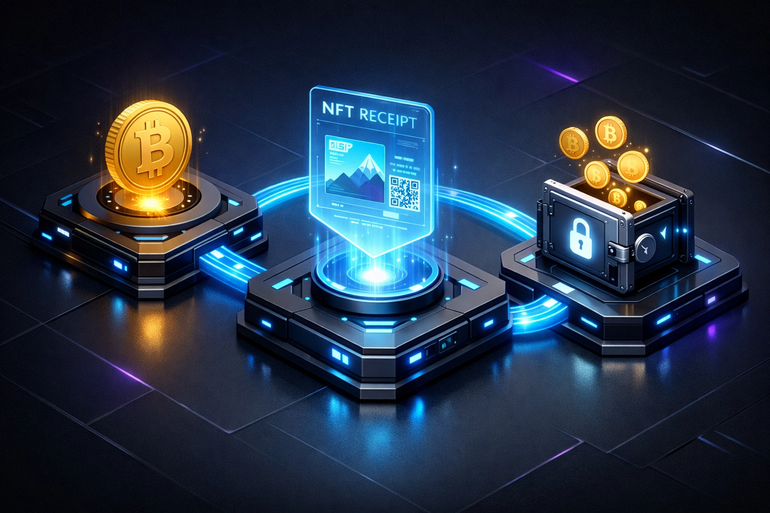 Blockchain nodes processing crypto receivables: token minting, NFT receipt generation, and instant wallet settlement