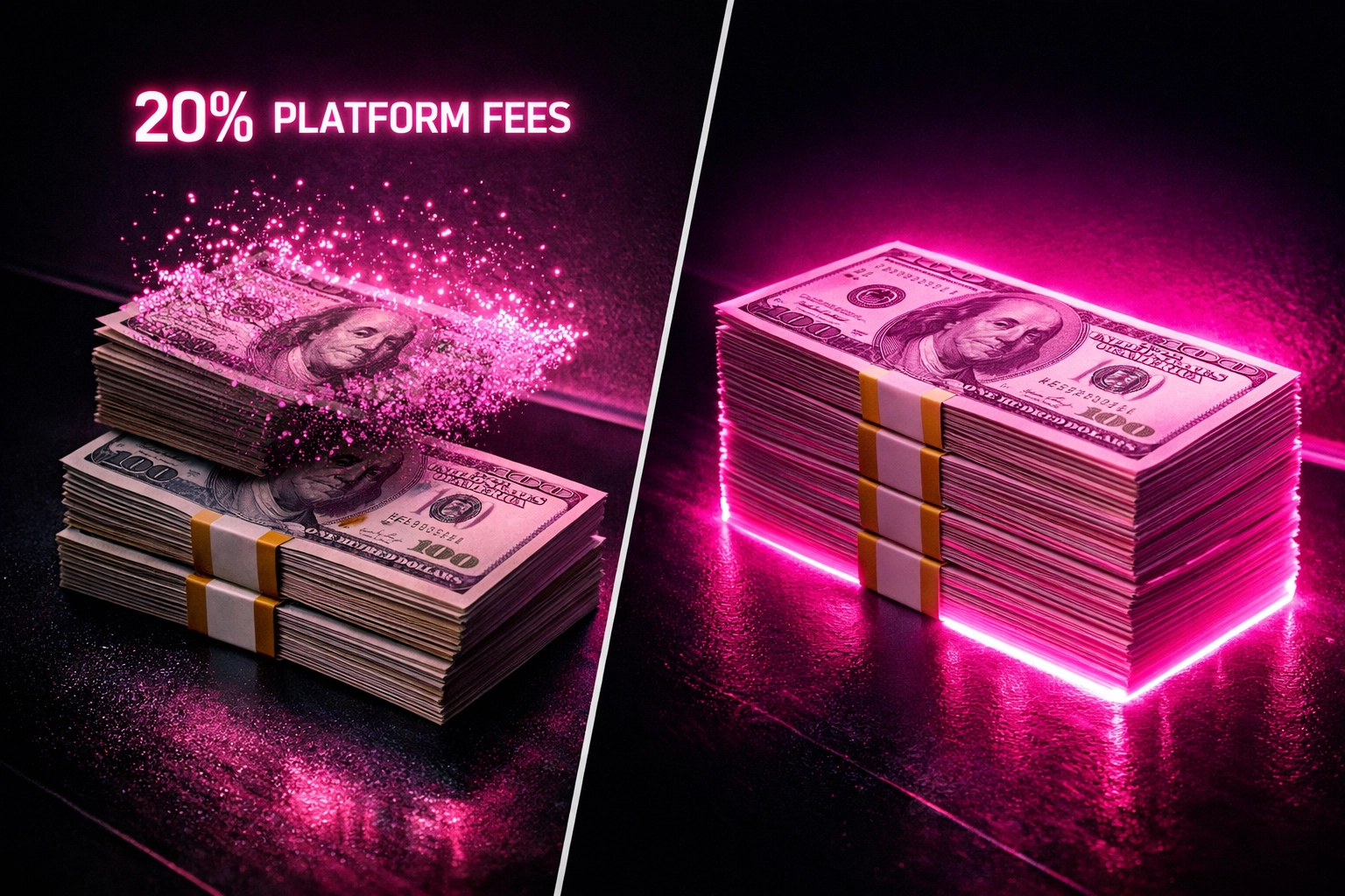 OnlyFans 20% fee vs Fantasy Digital 0-5% fee comparison showing creator earnings difference