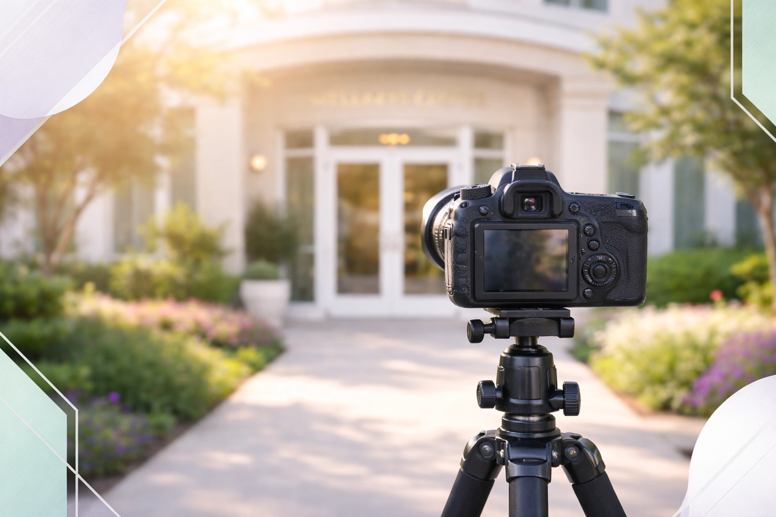 Professional camera setup capturing treatment facility entrance and gardens to ensure visual trust