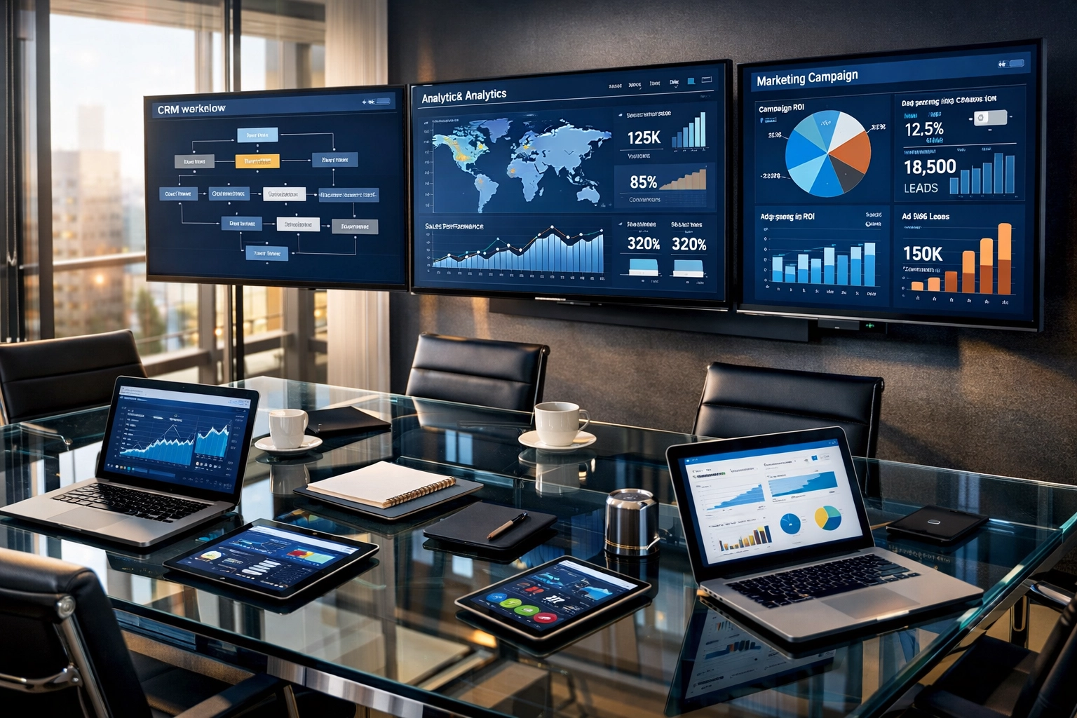 Integrated technology workspace with multiple monitors displaying analytics dashboards for multi-sector media solutions