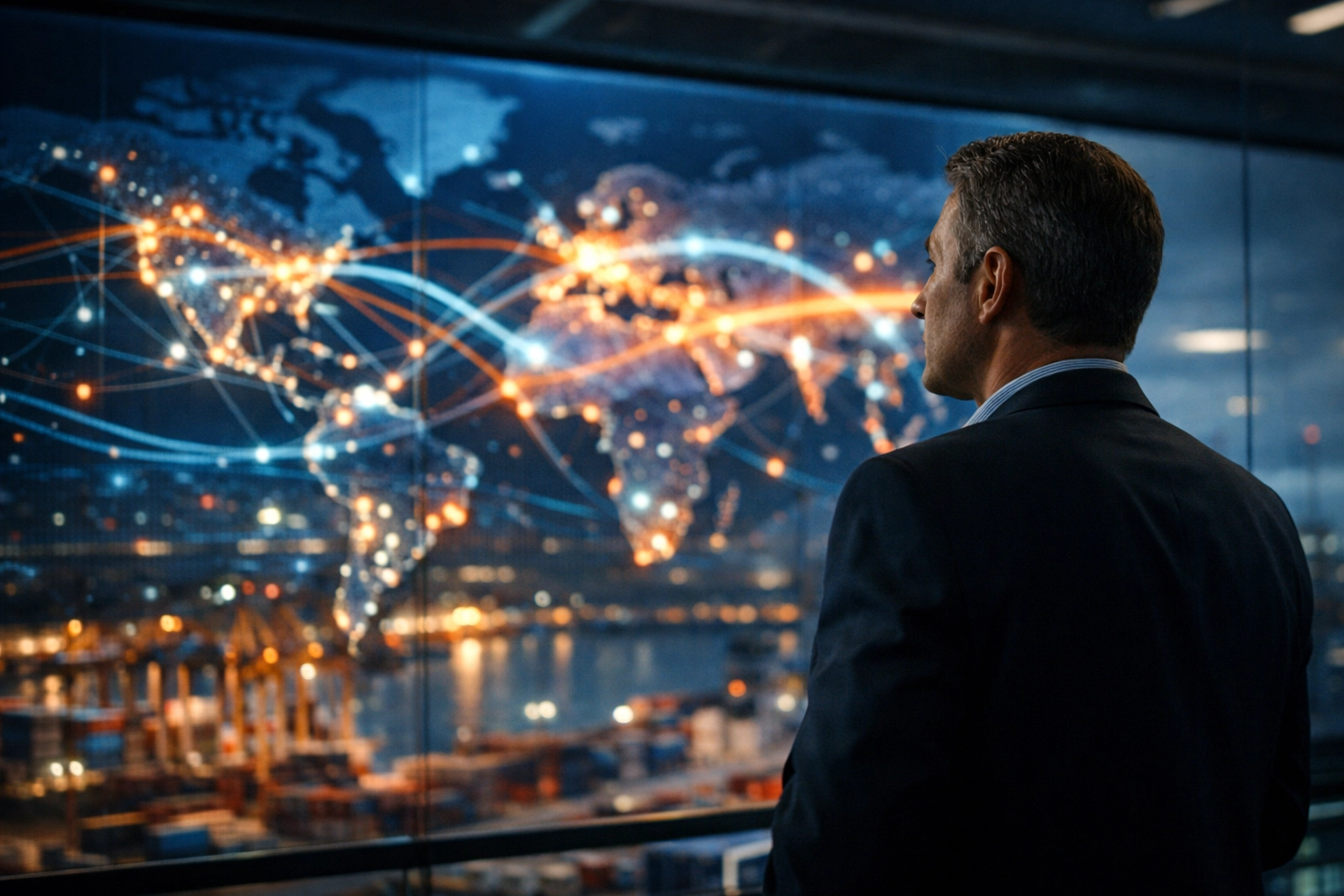 Logistics executive in a command center overseeing supply chain management and warehouse management services.