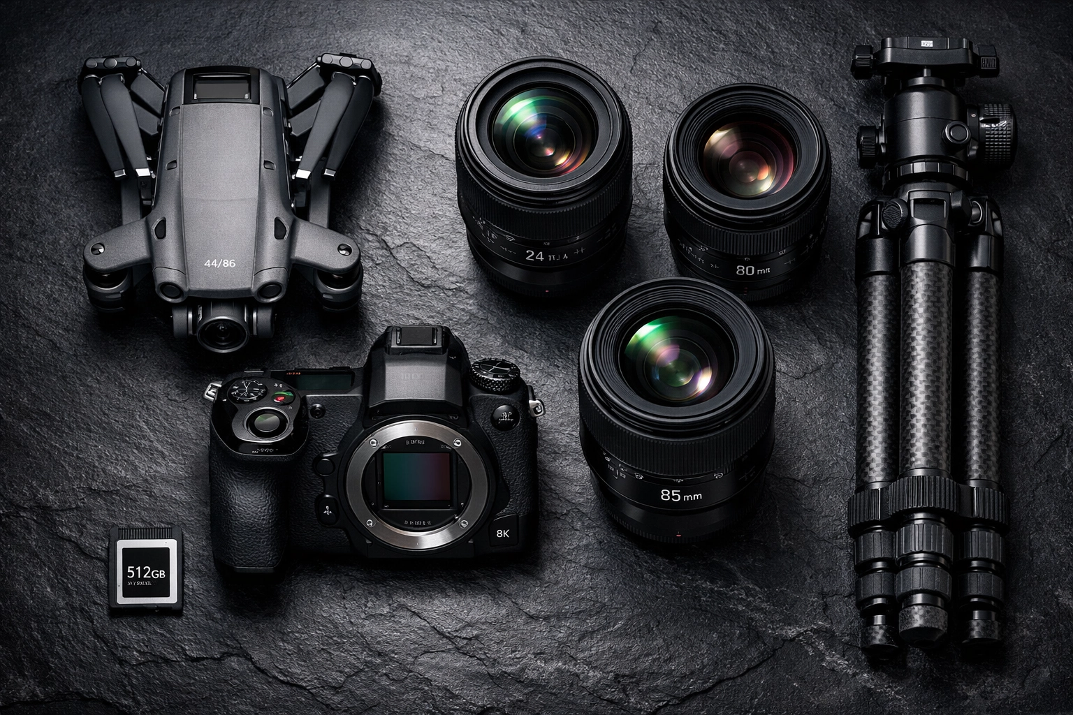 Essential photography gear including a mirrorless camera and lenses for a professional freelance photographer.