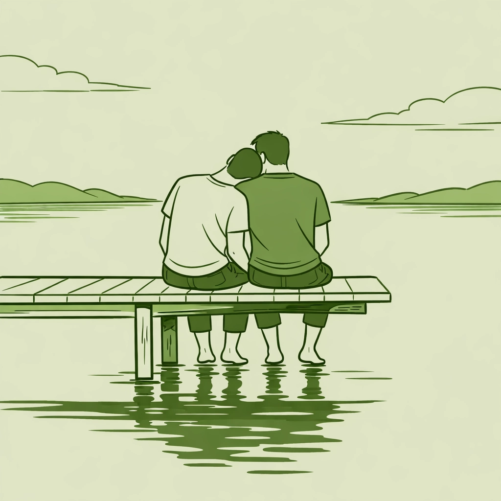 Muted green drawing of two men sitting on a pier, symbolizing the expansive possibilities of the gender spectrum.