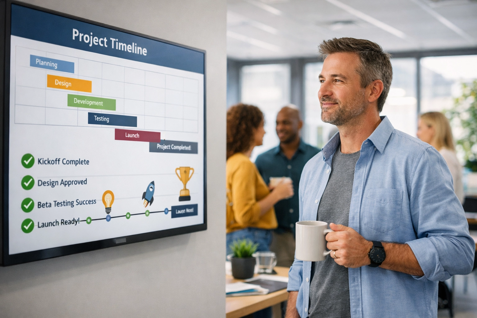 Project manager tracking Agentic AI implementation milestones and ITOM progress on a digital dashboard.