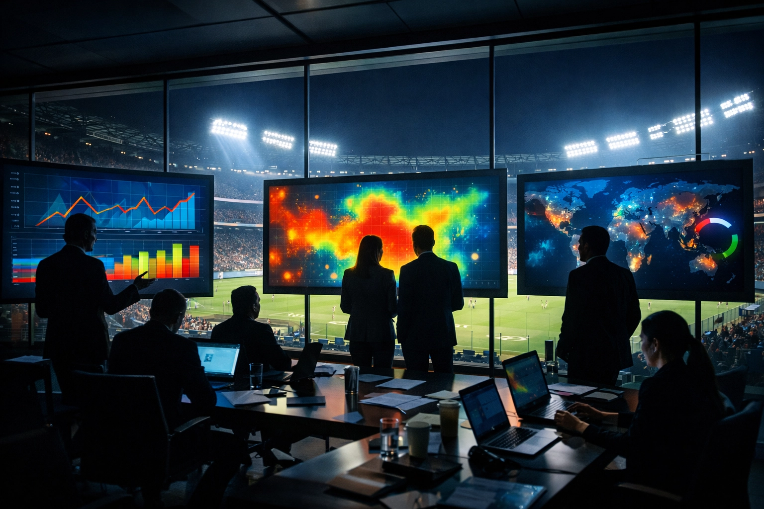 Sports marketing executives analyzing digital data in a modern war room overlooking a stadium.