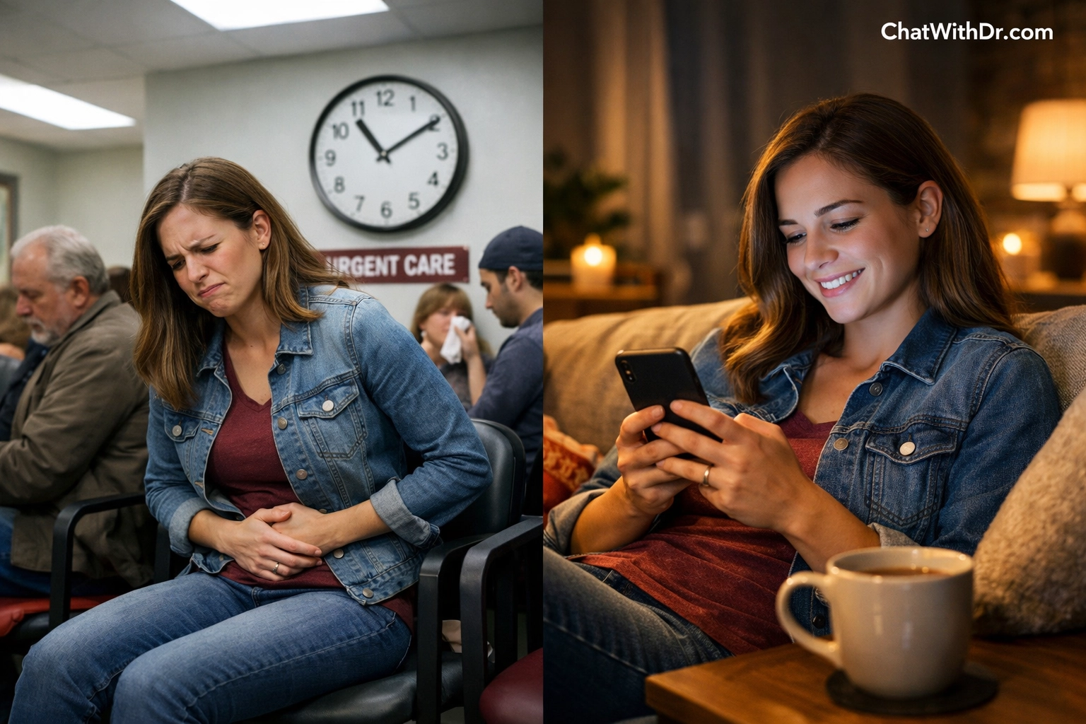 Comparison of traditional urgent care waiting room versus convenient online urgent care from home