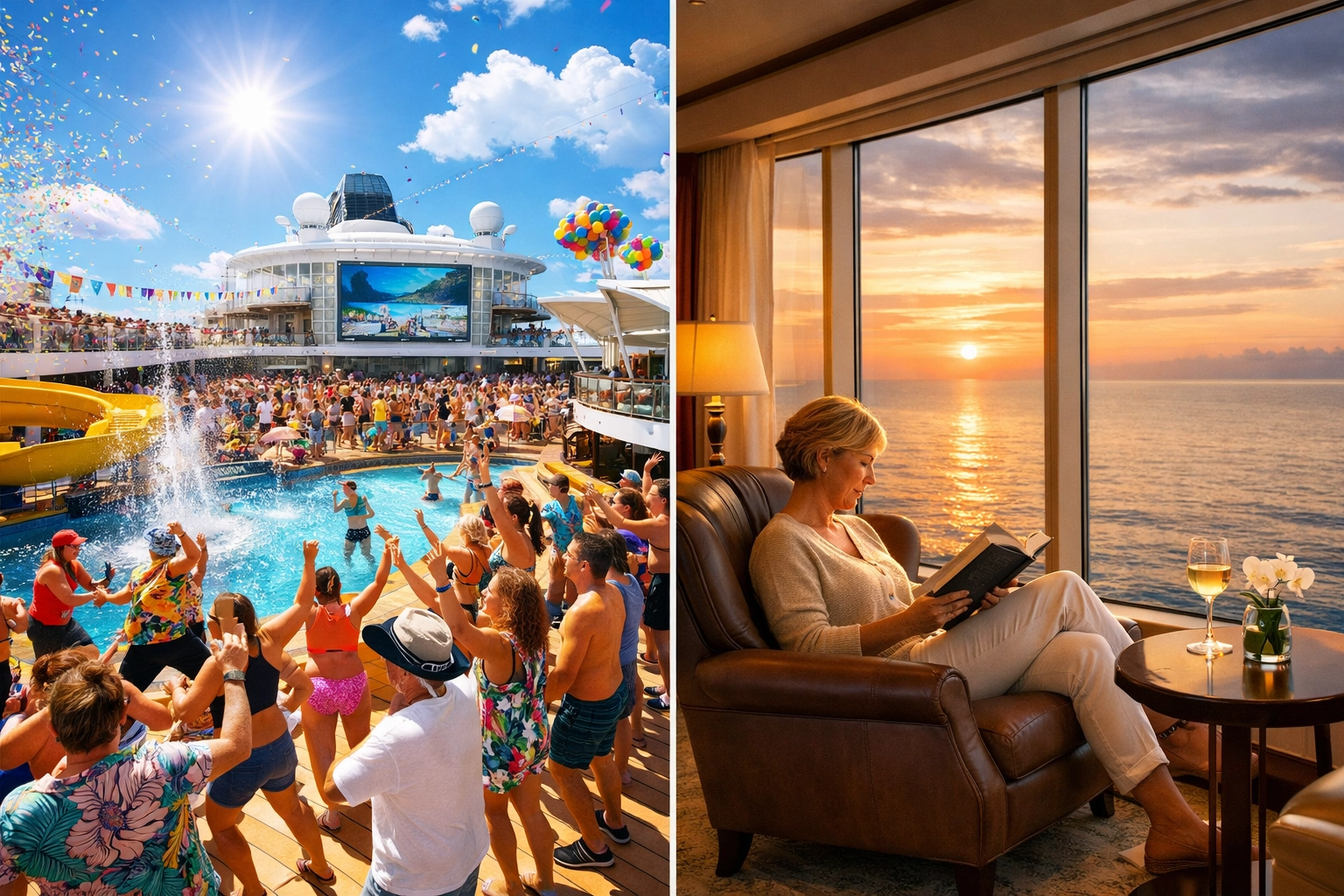 Contrasting cruise experiences: lively pool deck party versus serene luxury ship observation lounge