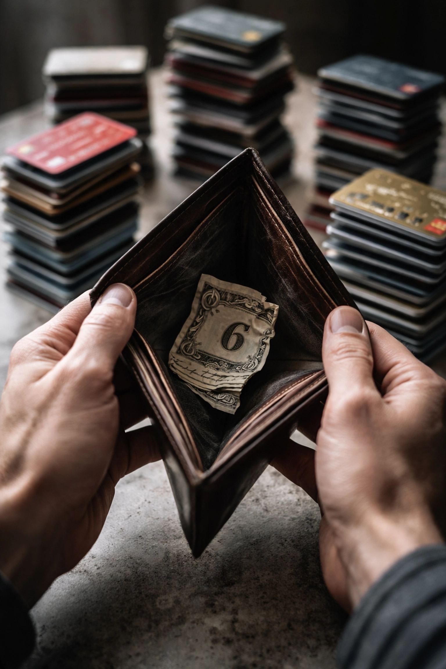 Nearly empty wallet symbolizing minimal savings against high credit card debt