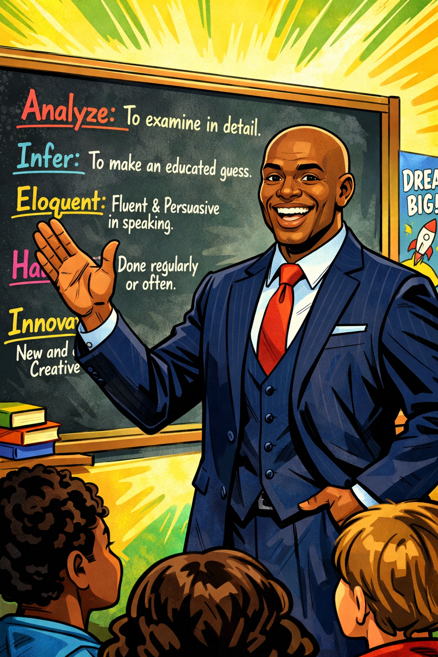 Professor Antonio teaching vocabulary in professional suit with chalkboard behind him