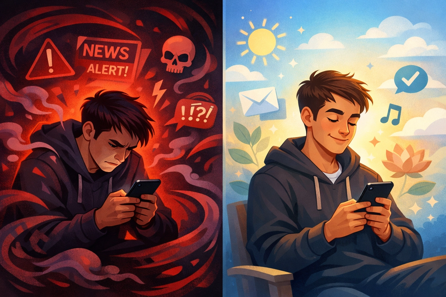 Contrast between anxious news consumption and peaceful informed reading showing stress vs calm