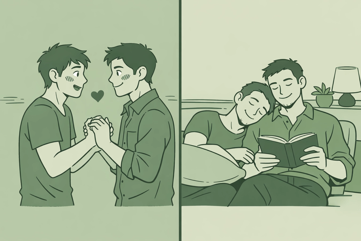 Split image showing MM couple's evolution from first love excitement to forever love comfort