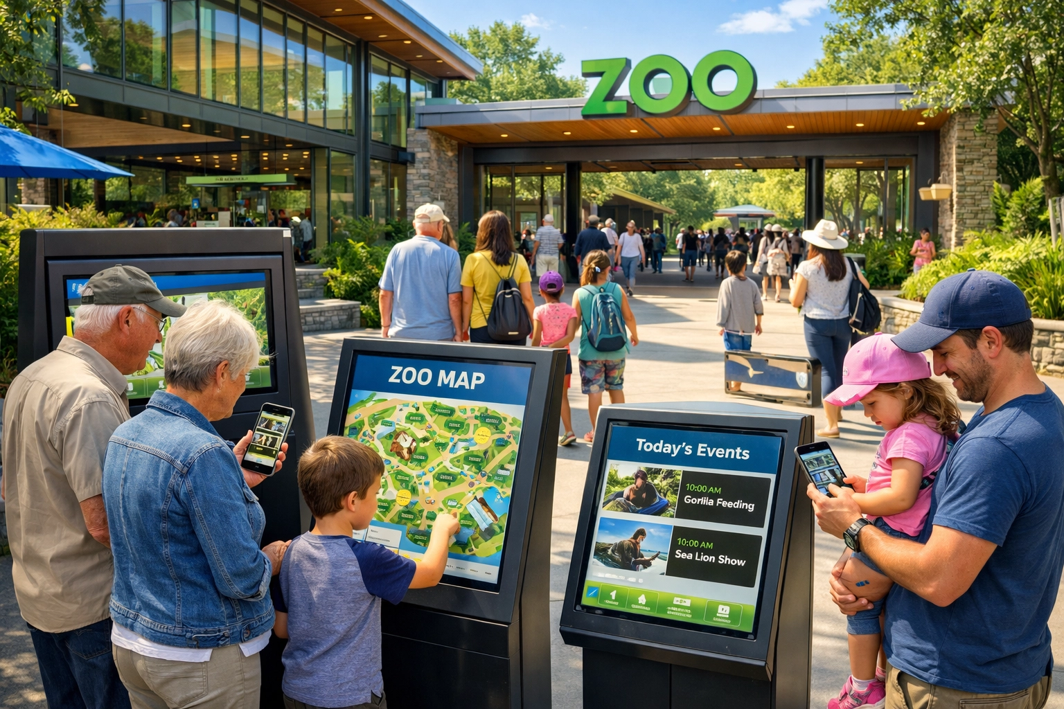 Modern zoo entrance with families using digital kiosks and mobile apps for enhanced visitor experience