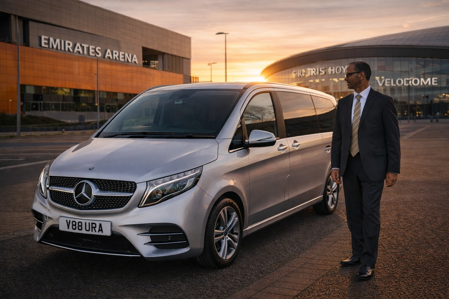 Professional chauffeur with a silver Mercedes-Benz V-Class at the Emirates Arena and Sir Chris Hoy Velodrome for Glasgow 2026 VIP transport.
