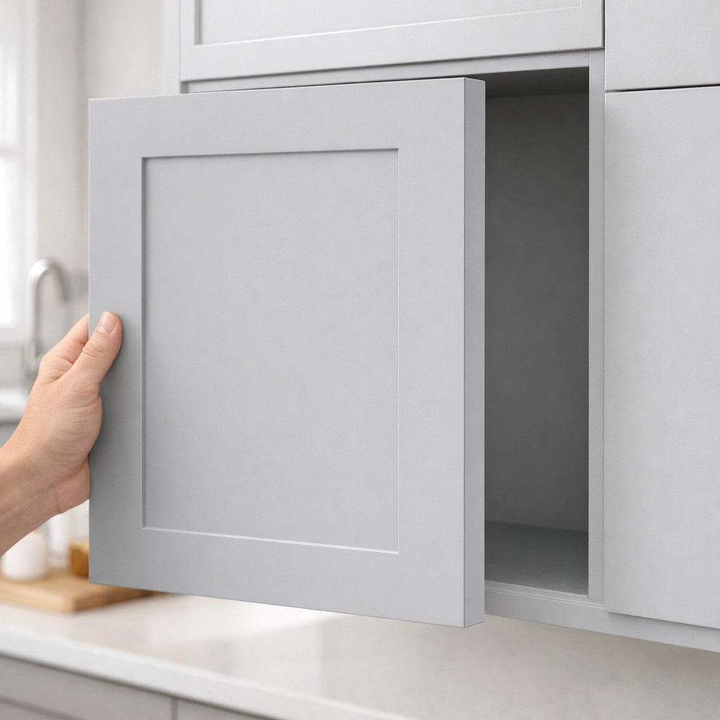 Grey Shaker cabinet door and frame showing the smooth finish of kitchen cabinet refacing.