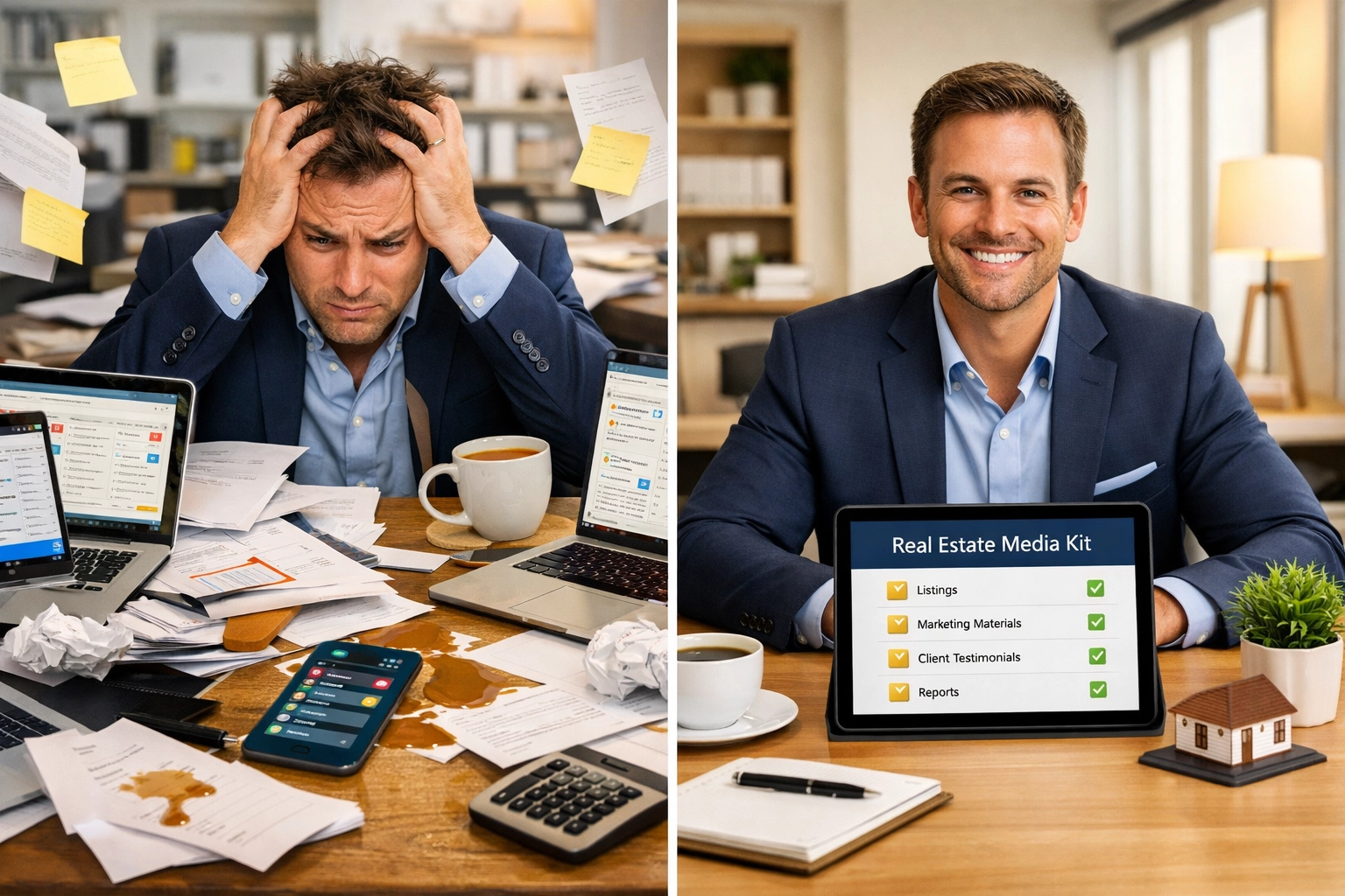 Realtor before and after using media kit showing chaos versus organized efficient workspace