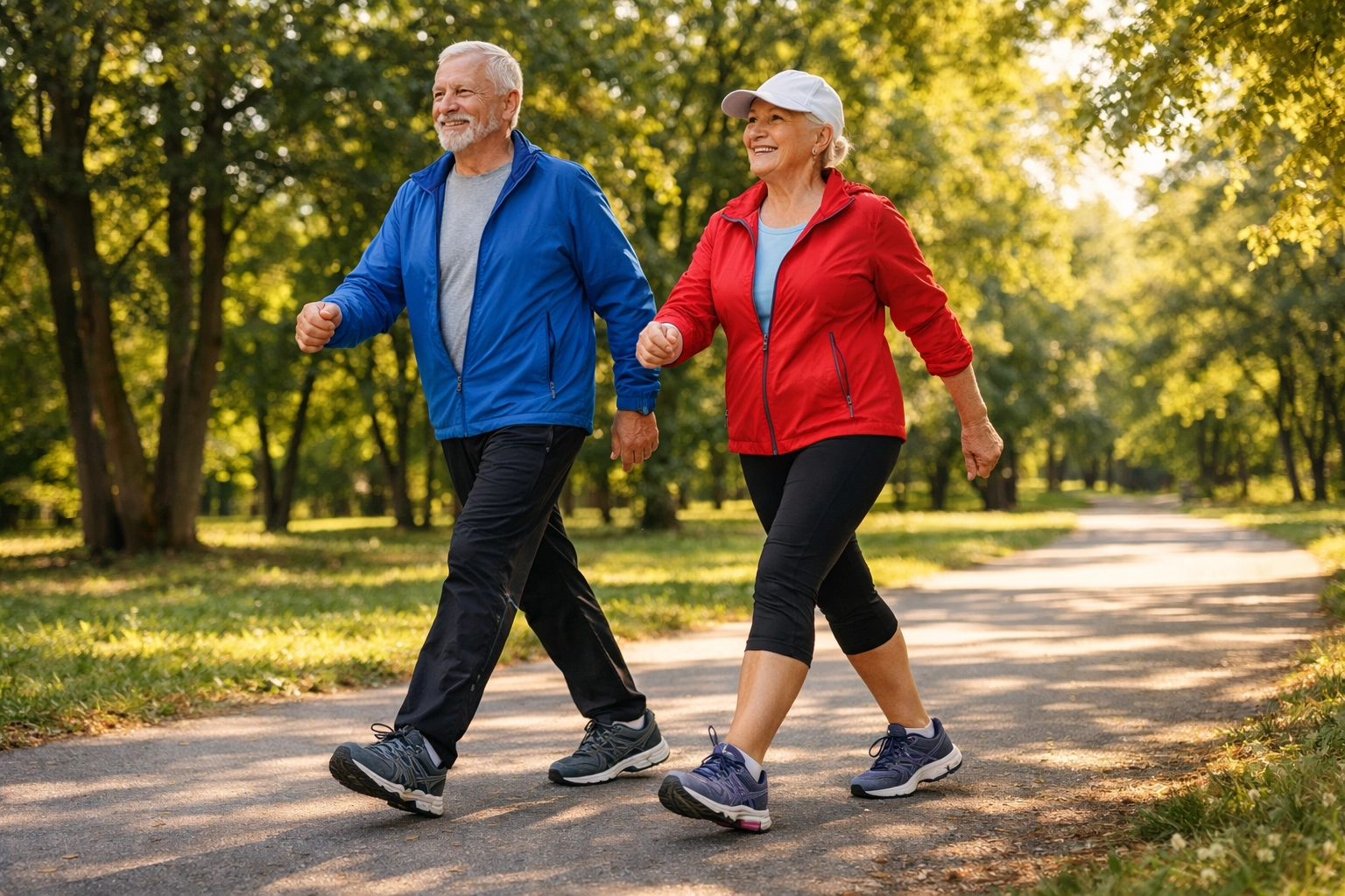 Active senior couple walking in a park to improve balance and bone density as part of a fall prevention plan.