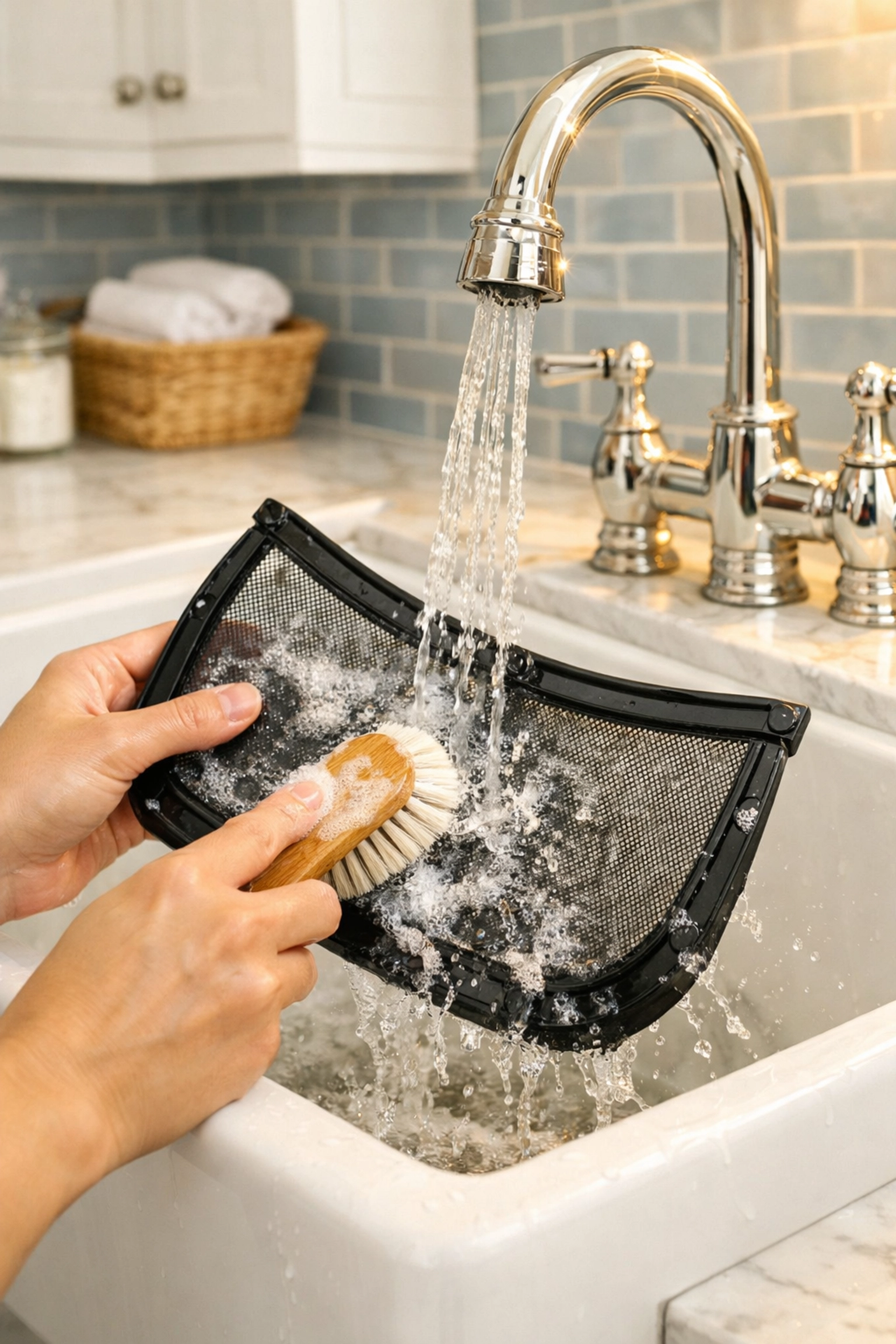 Hands cleaning a dryer lint trap screen with soap and water to prevent fire hazards.