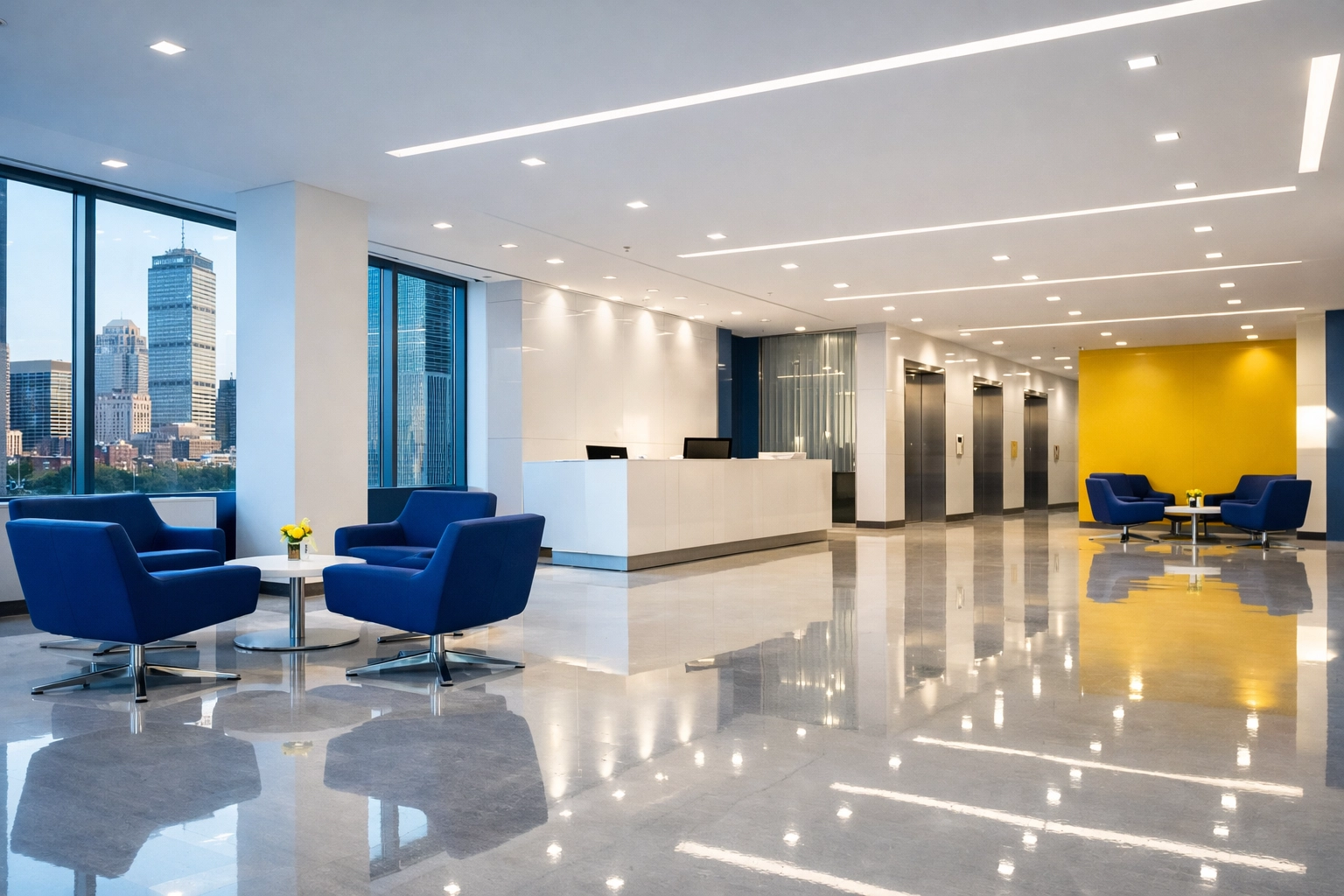 Modern Boston office lobby with polished floors from expert commercial cleaning services near me.