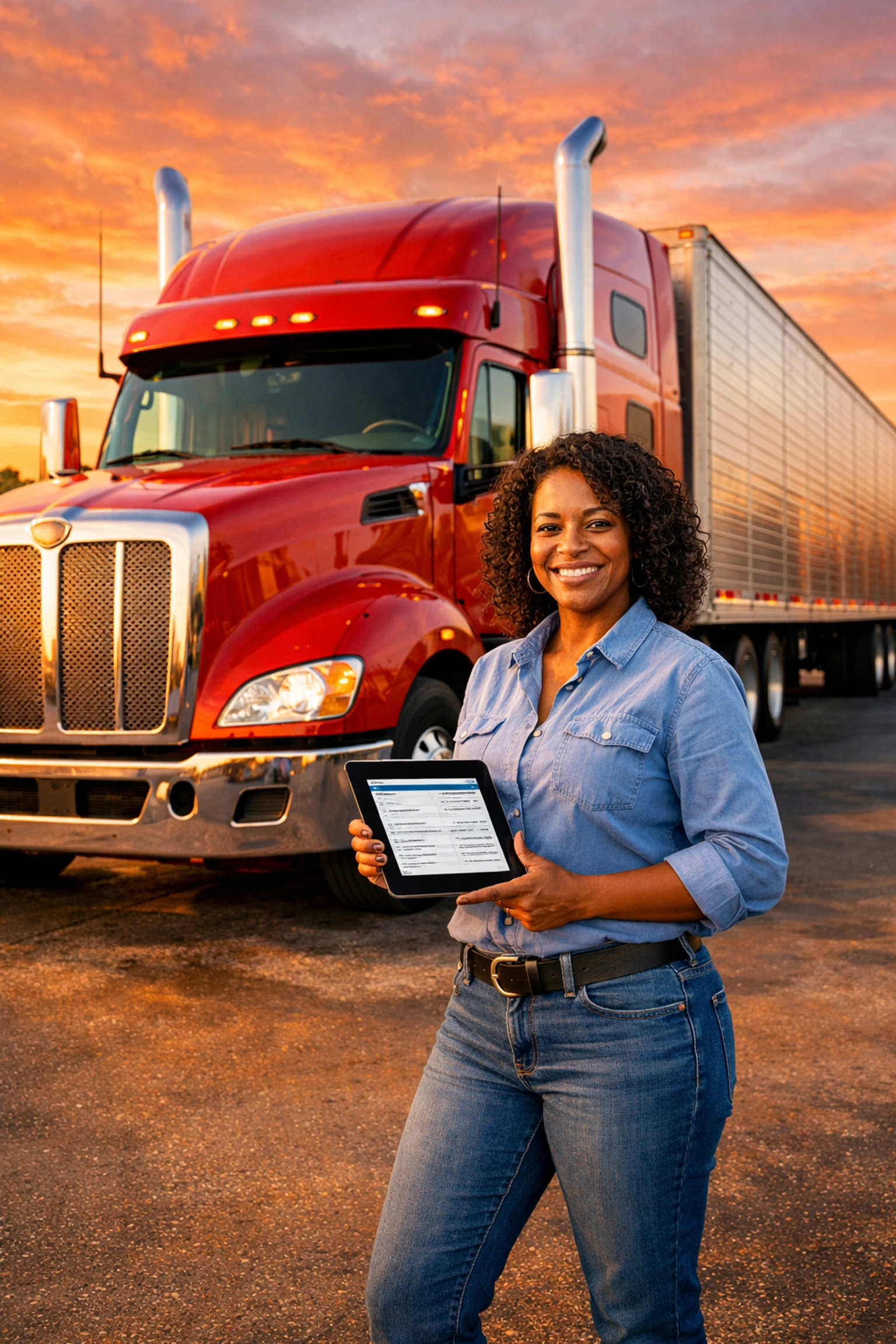 Successful female owner-operator with semi-truck after negotiating better freight rates