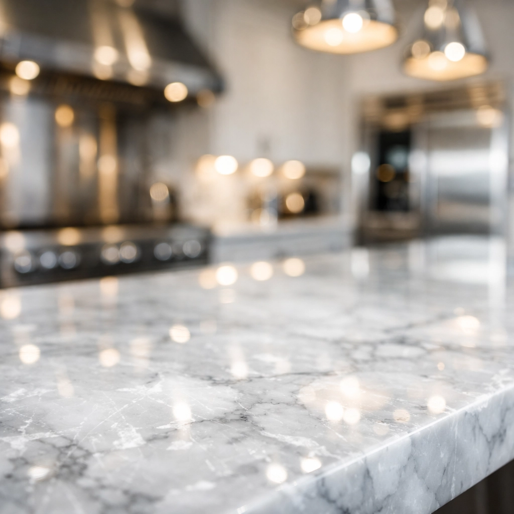Detailed view of a sanitized white marble kitchen counter in a Newton luxury residence.