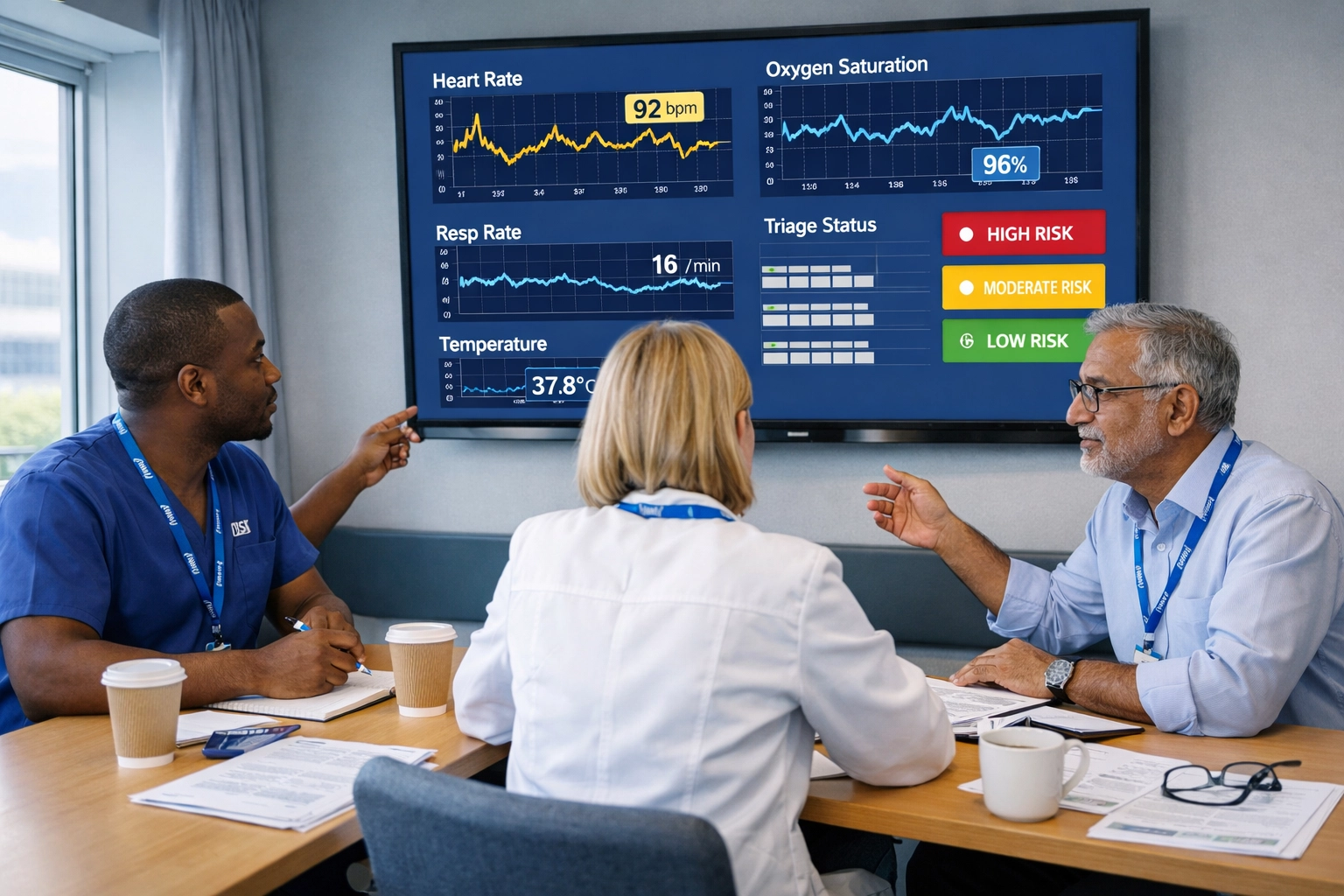 NHS respiratory team reviewing virtual ward patient data and vital signs in clinical meeting