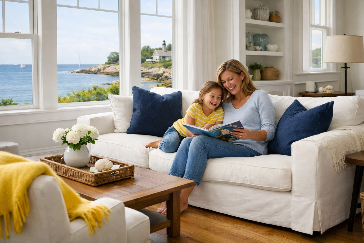 Family enjoying a dust-free coastal living room after a high-end residential cleaning in Marblehead service.