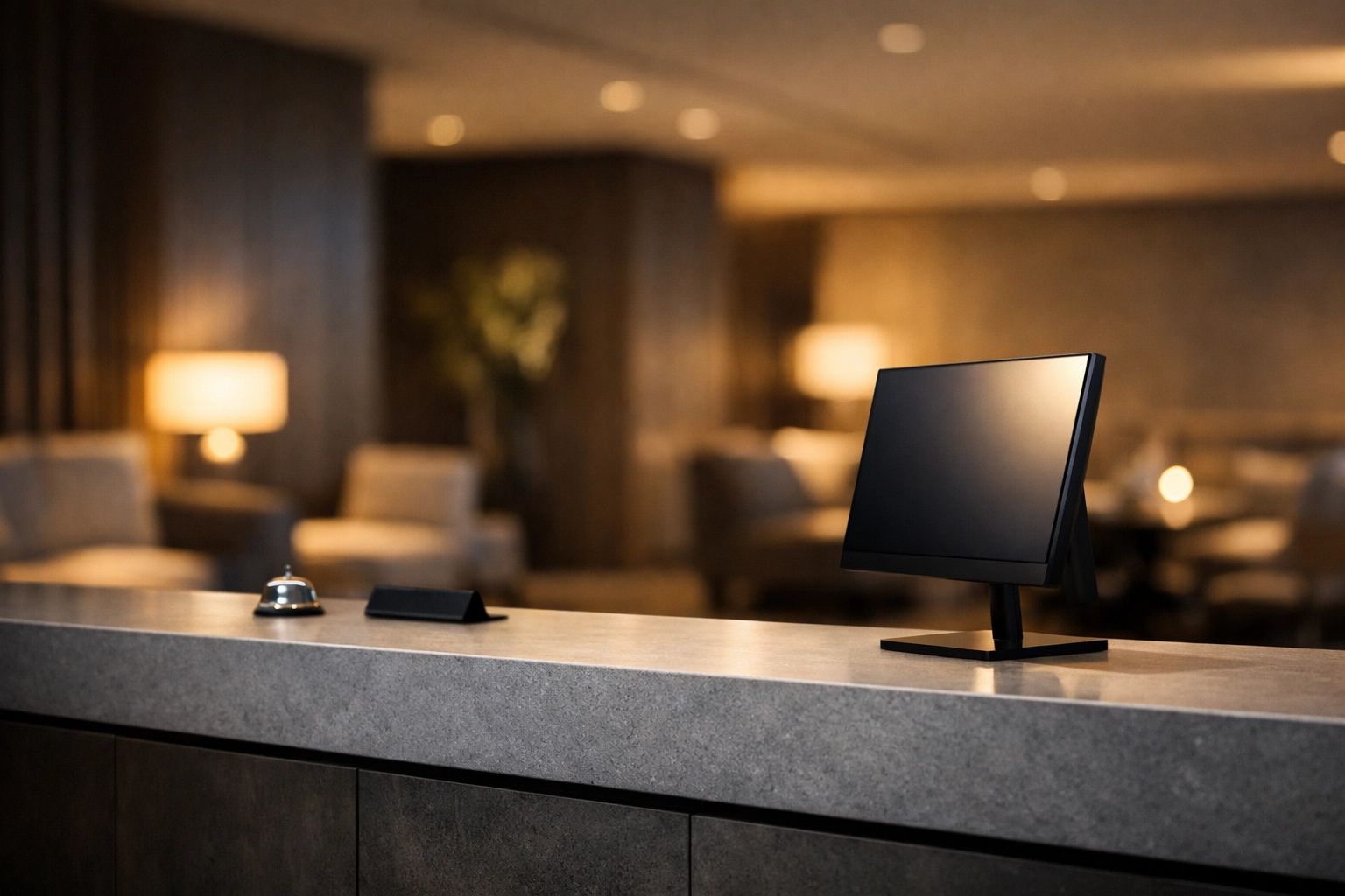 Minimalist hotel reception desk highlighting seamless PMS integration and operational excellence.