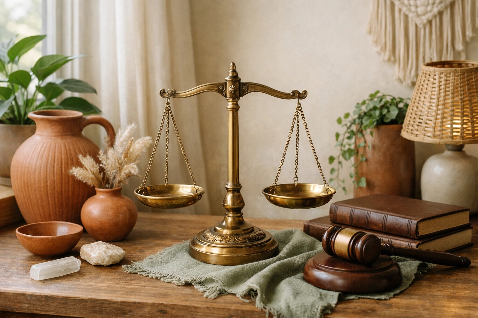 Brass scales of justice near a softly lit window with indoor plants, cream walls, and terracotta decor.
